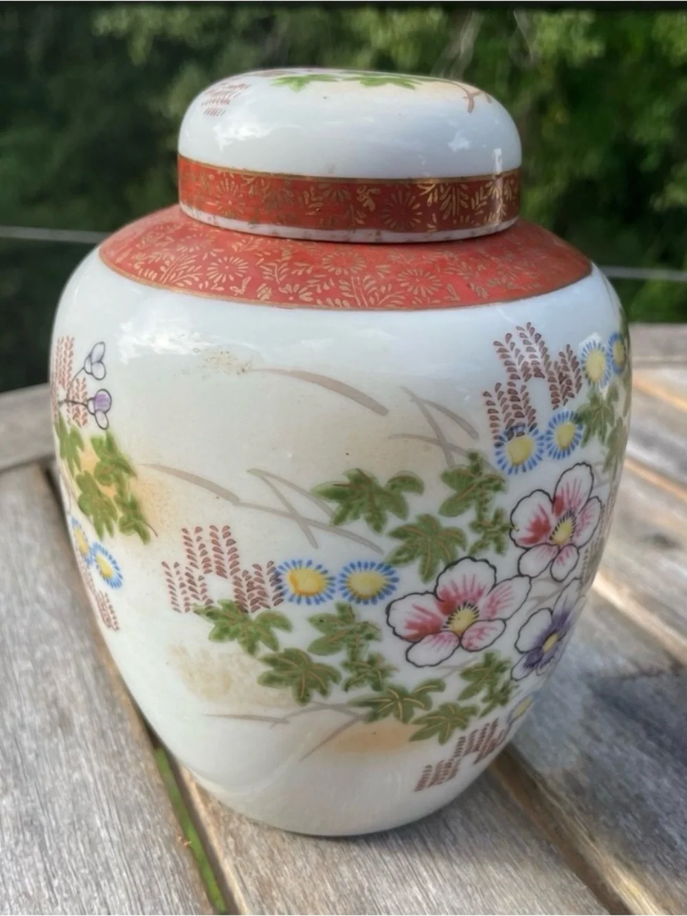 Vintage Japanese Floral Porcelain Ginger Jar Lid Urn